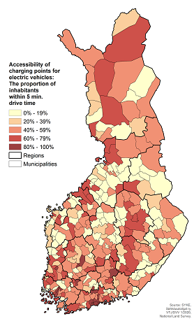 The accessibility of charging points for electric vehicles measured as the share of population living within a five-minute drive in each municipality
